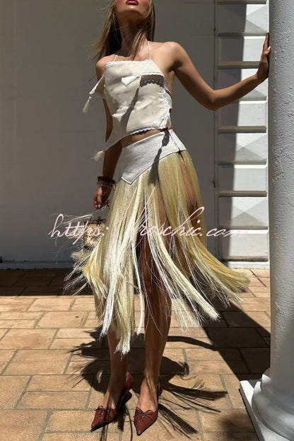 Fashionable Lace Appliqué Tassel Hem Vacation Maxi Skirt