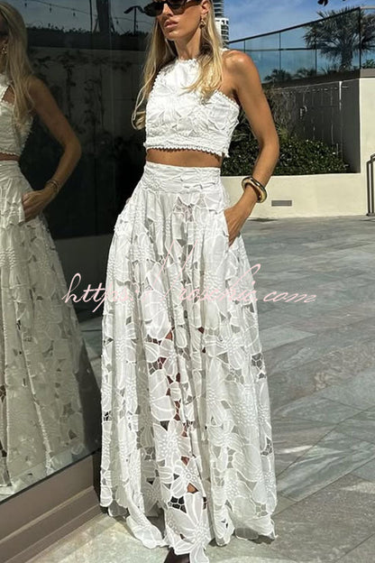 Next Trip Floral Embroidery Crochet Lace Crop Tank Top