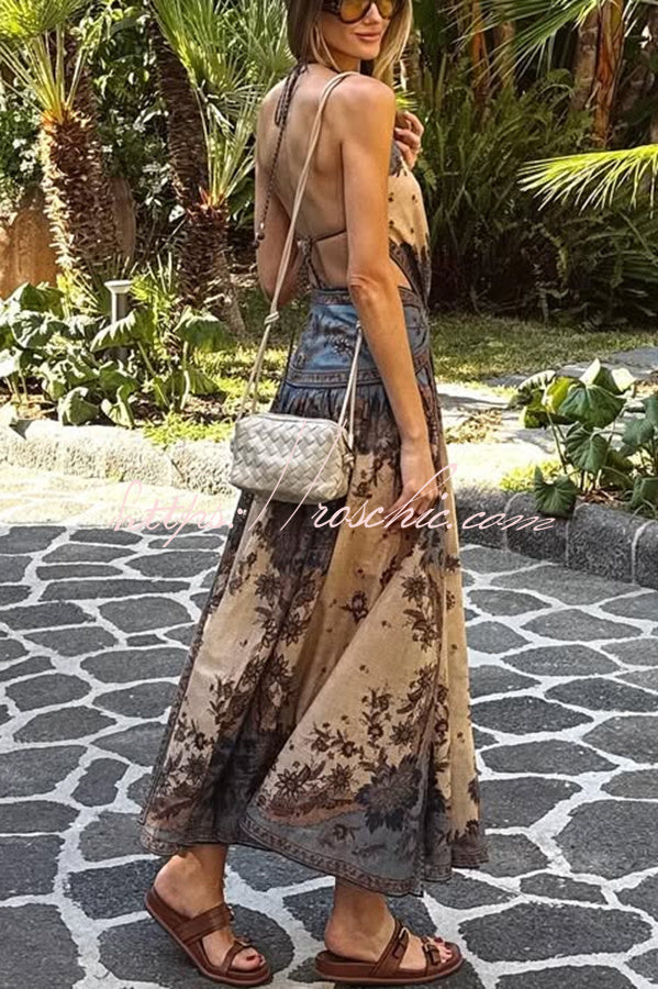 Chapel Linen Blend Floral Print Cutout Tie-up Waist Pocket Halter Backless Maxi Dress