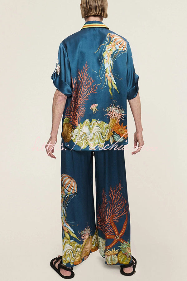 Linen Blend Unique Print Lapel Short Sleeve Shirt and Elastic Waist Loose Pocket Wide Leg Pants Set