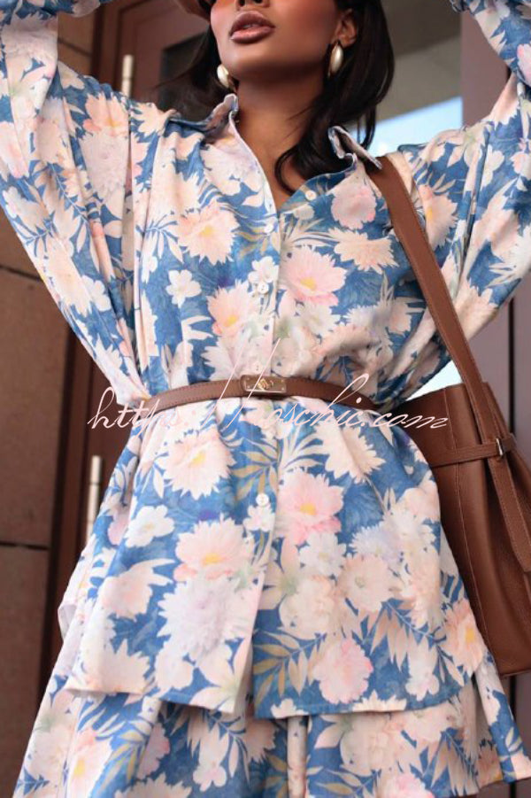 Botanical Print Collared Long-sleeved Loose-fitting Shirt and Elastic Waist Casual Shorts Set