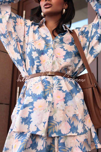 Botanical Print Collared Long-sleeved Loose-fitting Shirt and Elastic Waist Casual Shorts Set