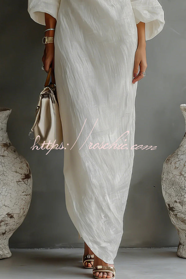 Linen Blend Loose-fitting One-shoulder Lantern Sleeve Casual Pocket Maxi Dress