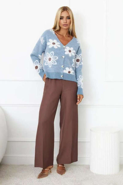 Floral V-Neck Knit Long Sleeves Cardigan