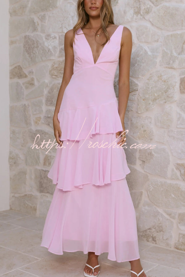 Solid Color V-neck Sleeveless Elegant Layered Maxi Dress