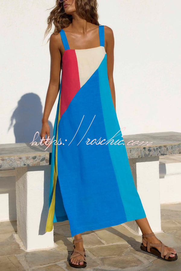 Fashionable Color-blocked Printed Square Neck Sleeveless Vacation-style Maxi Dress