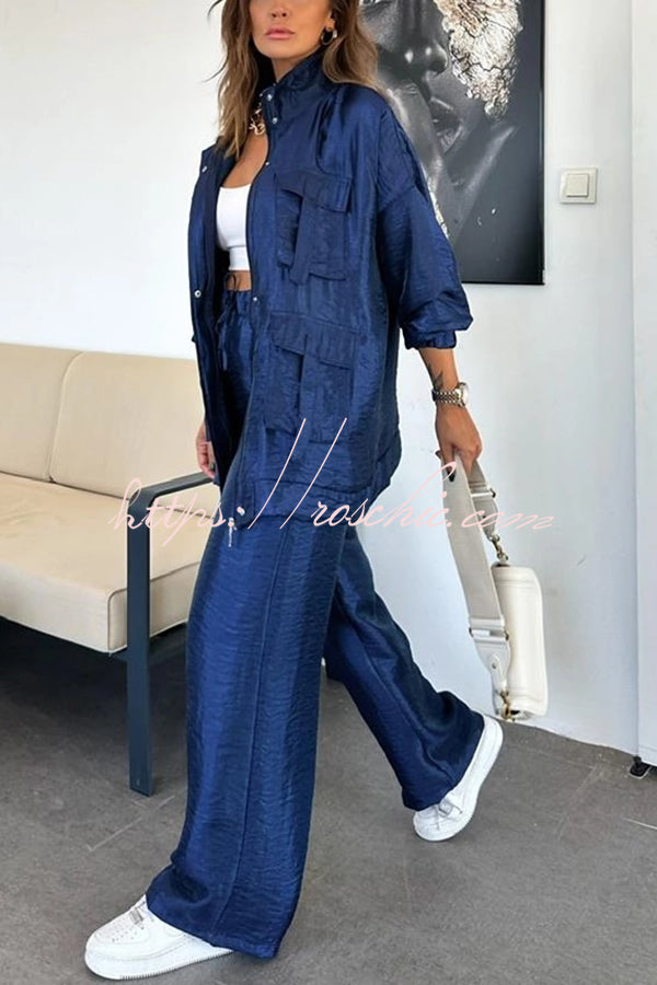 Easy on Me Metallic Fabric Elastic Waist Pocketed Wide Leg Pants (Shipped Within 24 Hours)