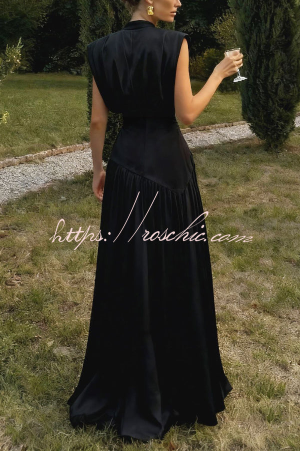 Elegant V-neck Sleeveless Fitted Waist High Slit Vacation Maxi Dress