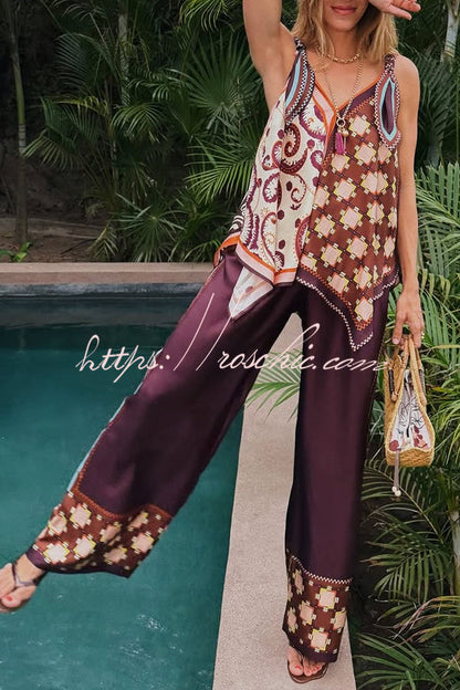 Wilson Satin Unique ColorBlock Print Scarf Top and Elastic Waist Pocket Wide Leg Pants Set