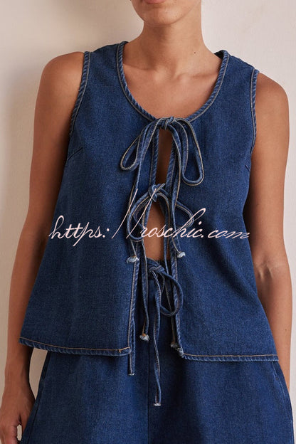 Stylish Sleeveless Round Neck Tie-up Casual Denim Vest
