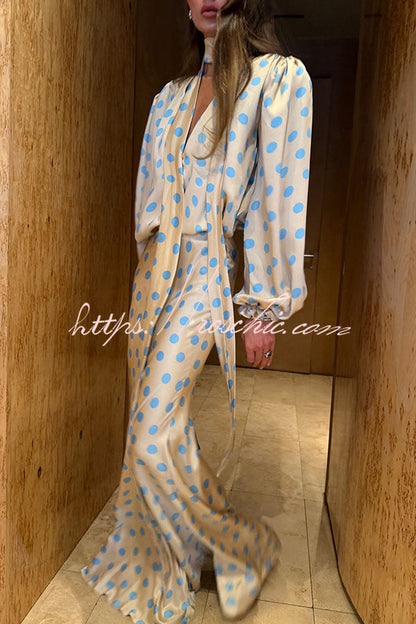 Vayla Satin Colorblock Polka Dot Print Tie-up Neck Balloon Sleeve Loose Blouse