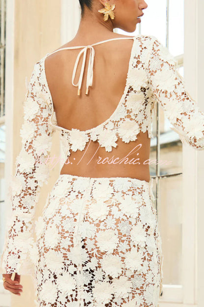 Stylish Long-sleeved Backless Lace Top and Elegant Openwork Maxi Fishtail Skirt Set