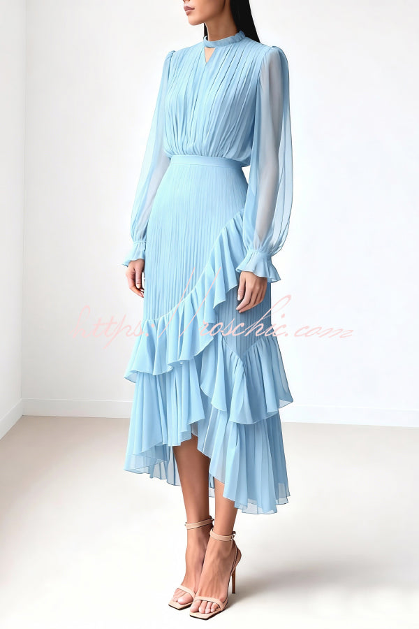 Solid Color Round Neck Long Sleeve Fitted Waist Pleated Ruffle Midi Dress