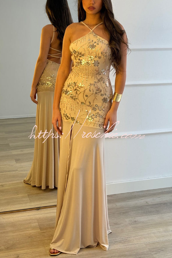 Fashionable Sequined Halter Neck Elegant Slim-fit Slit Maxi Dress
