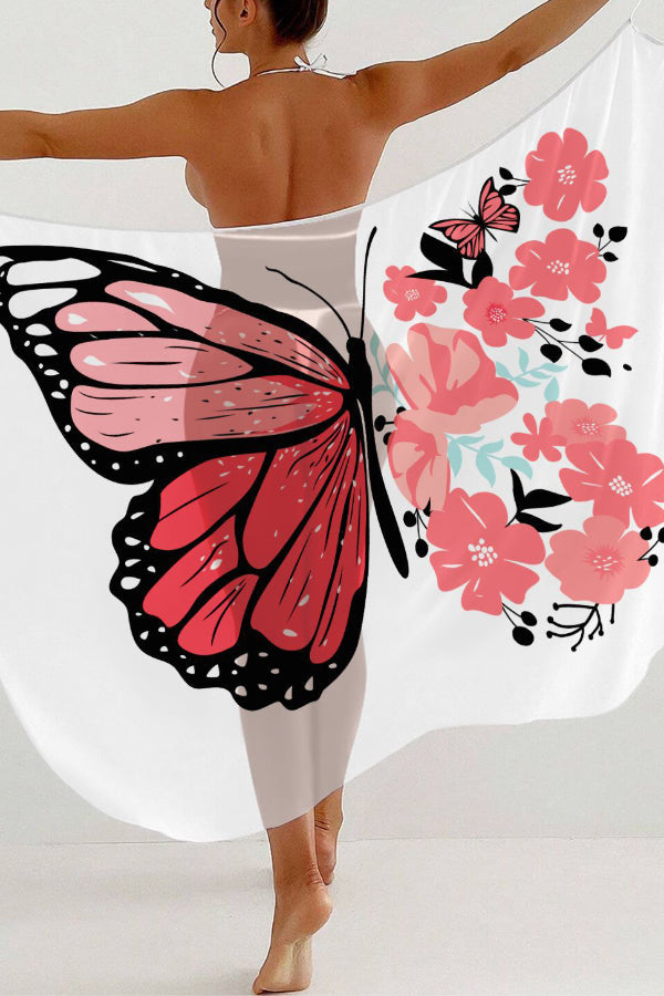 Fashionable Color-blocked Butterfly Print Sheer Cover-up Midi Dress