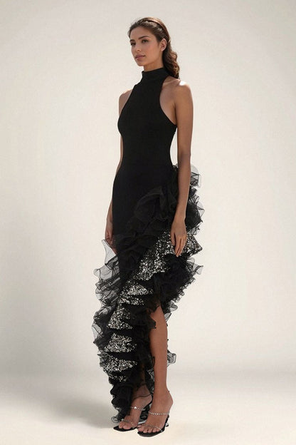 Vestido de Fiesta Asimétrico de Malla con Volantes Negro
