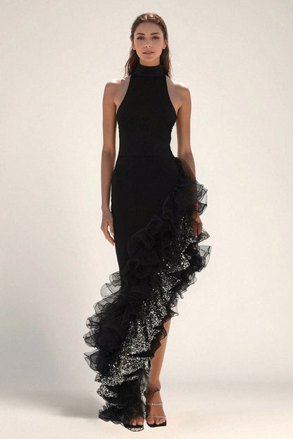 Vestido de Fiesta Asimétrico de Malla con Volantes Negro