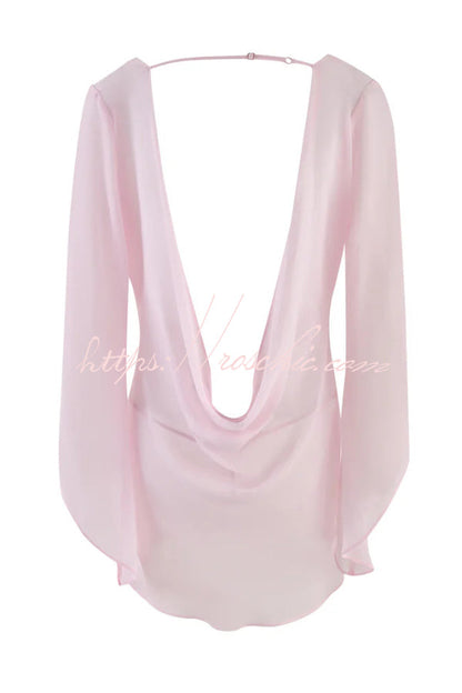 Solid Color See-through V-neck Long-sleeved Sexy Backless Mini Dress
