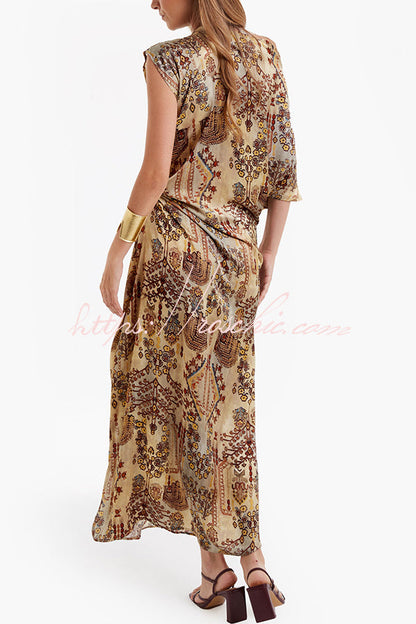 Cassie Satin Unique Print One Shoulder Ruched Waist Asymmetrical Hem Maxi Dress