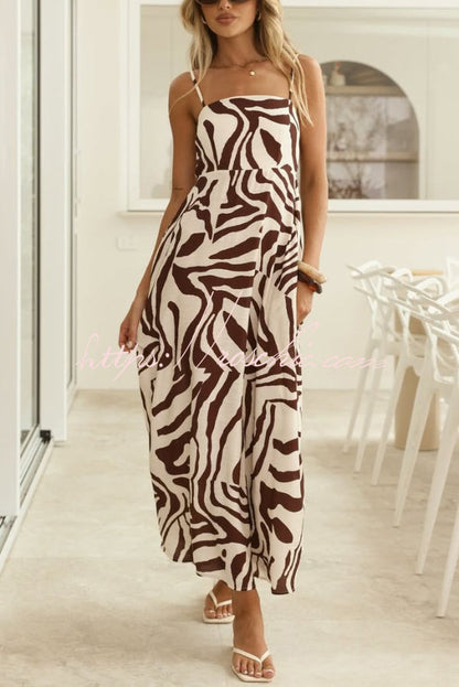 Zebra Print Sleeveless Spaghetti Strap High-waisted Vacation Maxi Dress