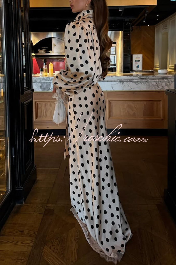 Chrissa Satin Polka Dot Print Lace Trim High Rise Flare Drape Maxi Skirt
