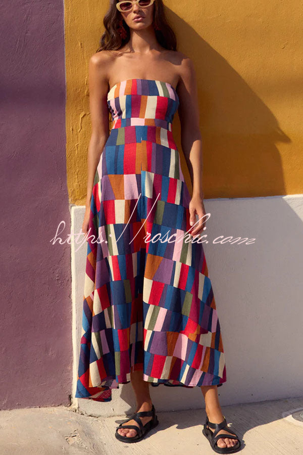 Retro Chic Linen Blend Colorful Color Block Strapless Back Smocked Midi Dress