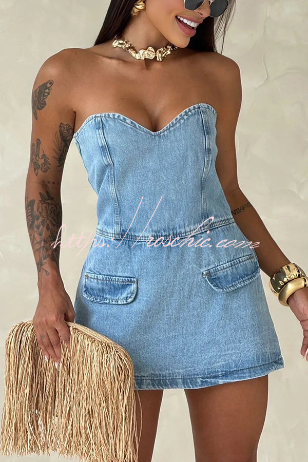 Avantie Denim Off Shoulder Back Smocked Zipper Romper