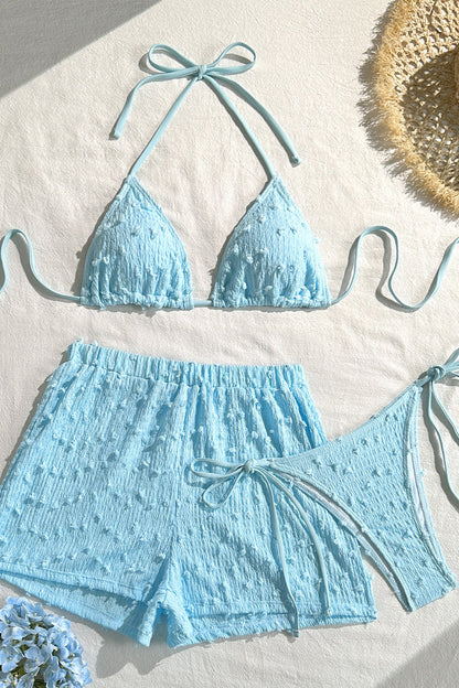 Solid Halter Lace Up Three Piece Swim Set