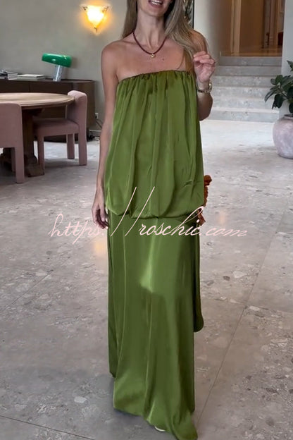 Simple Elegant Satin Voluminous Floral Detail Strapless Top and Elastic Waist Drape Maxi Skirt Set