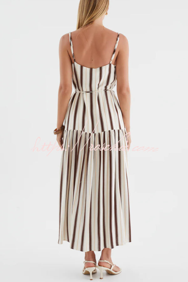 Striped Printed Spaghetti Strap Sleeveless Tie-up Casual Vacation Maxi Dress