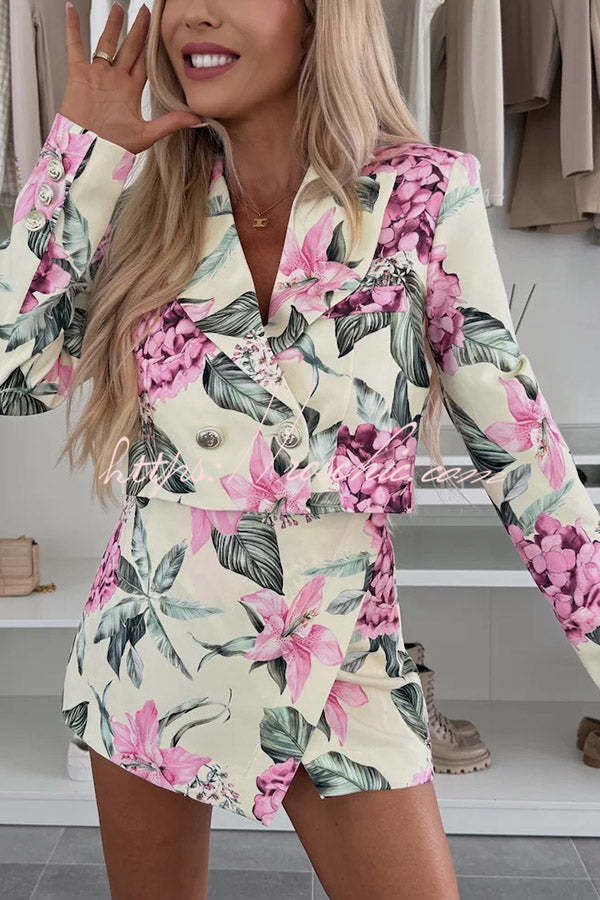 Picture Perfect Botanical Floral Print Long Sleeve Lapel Crop Blazer