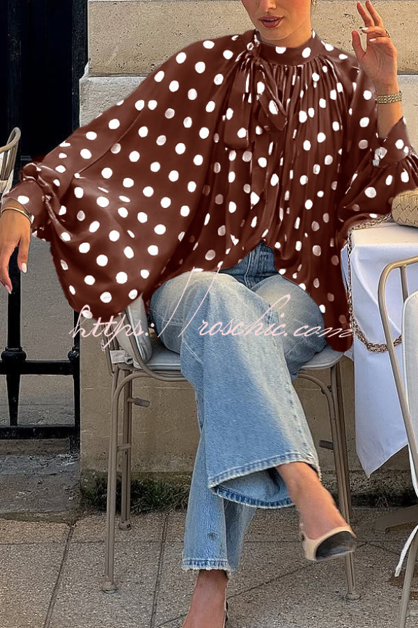 Polka Dot Print Tie-waist Lantern Sleeve Elegant Loose Shirt