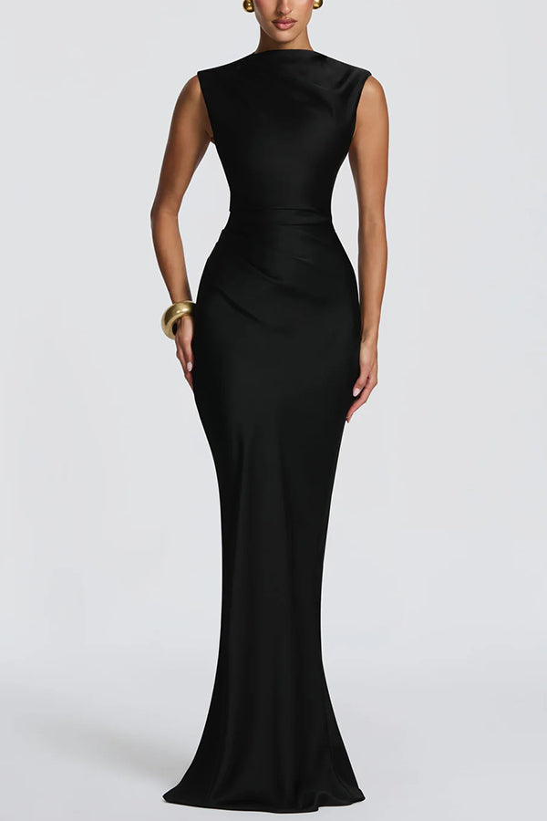Avielle Satin High Neck Back Asymmetric Pleated Lace-up Drape Maxi Dress
