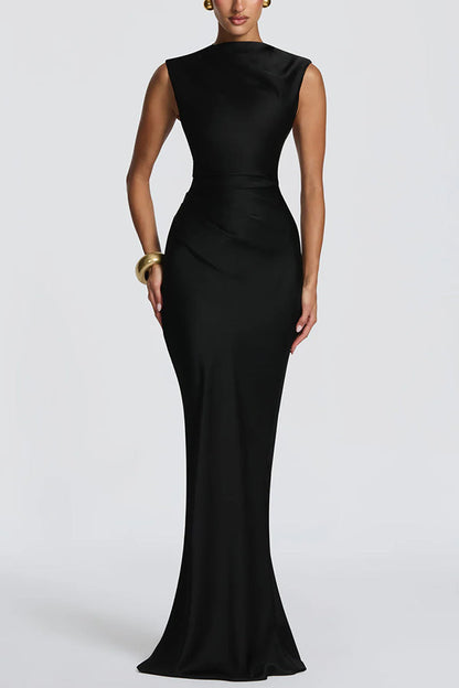 Avielle Satin High Neck Back Asymmetric Pleated Lace-up Drape Maxi Dress