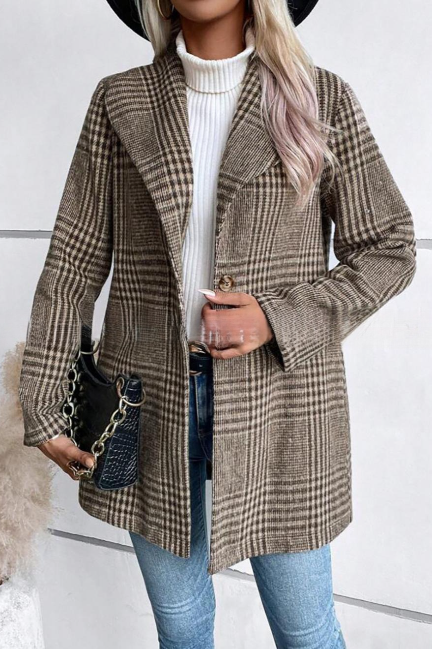 Plaid Tweed Notch Lapel Slim Elegant Jacket