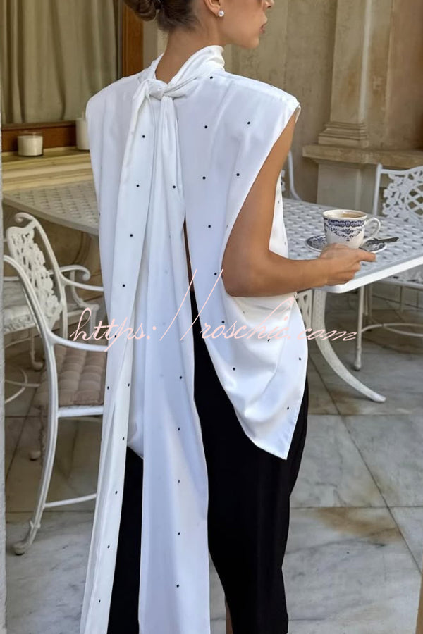 Polka Dot Print Open Backless Stand Collar Sleeveless Ribbon Top