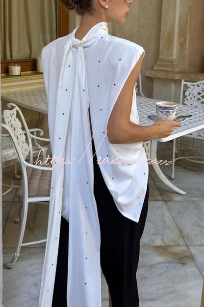 Polka Dot Print Open Backless Stand Collar Sleeveless Ribbon Top