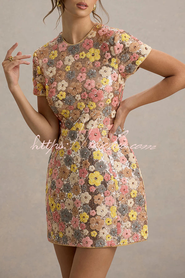 80's Inspired Floral Print Sequin Short Sleeve Stretch Mini Dress