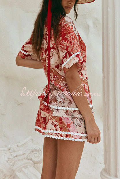 Floral Print Collared Short-sleeved Loose-fitting Shirt and Casual Floral Trim Mini Skirt Set