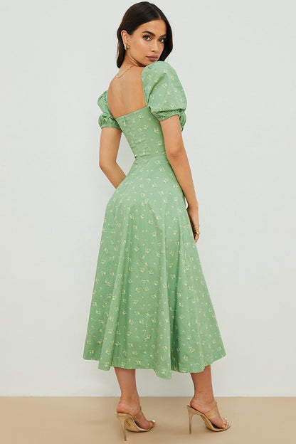 Puff Sleeve Wrap Slit Maxi Floral Dress