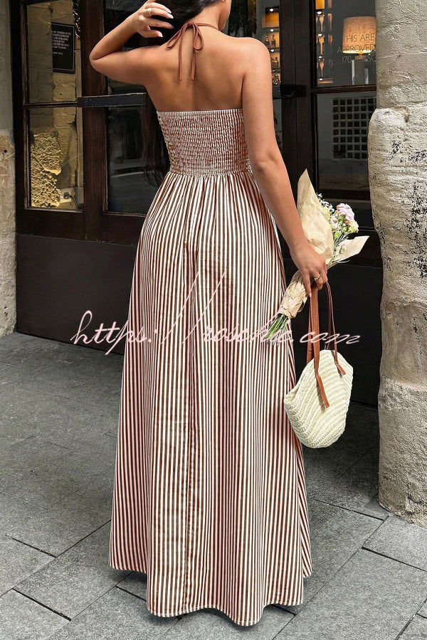 Striped Print V-Neck Sleeveless Backless Holiday Maxi Dress