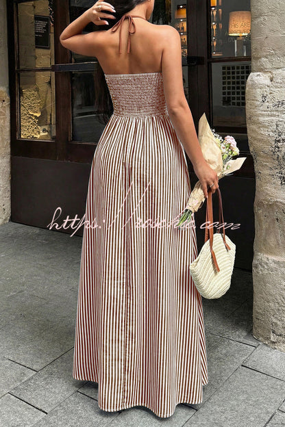 Striped Print V-Neck Sleeveless Backless Holiday Maxi Dress