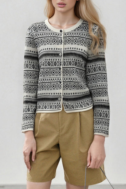 Vintage Jacquard Crew Neck Button Knit Cardigan