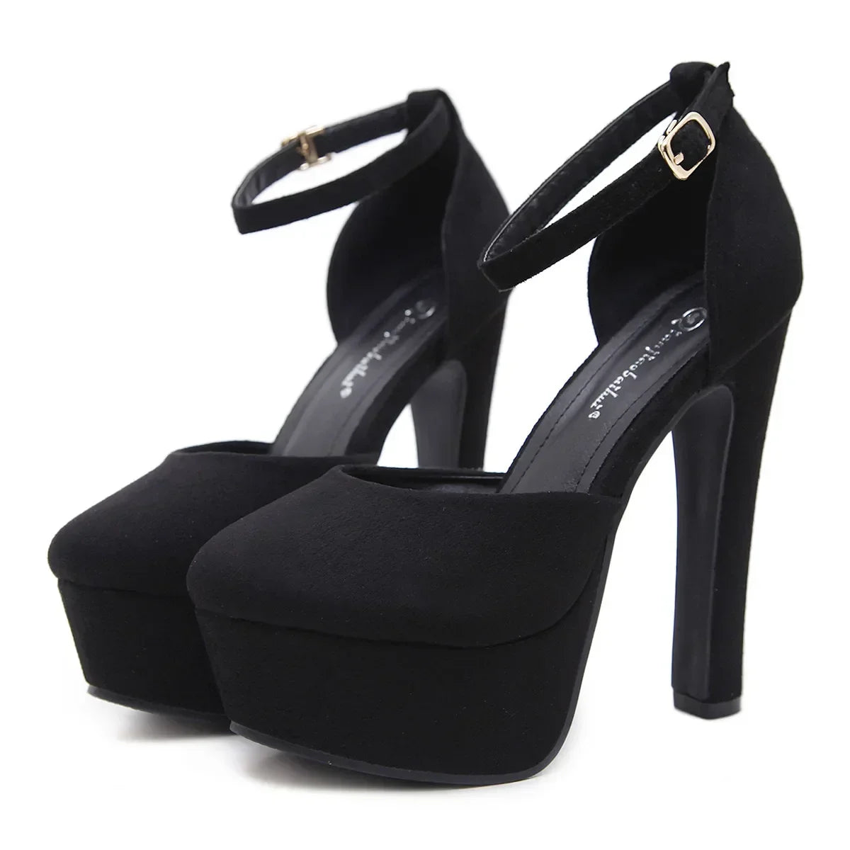 Apricot/black  round toe flock platform buckle strap Thin heel High Heel