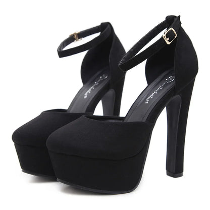 Apricot/black  round toe flock platform buckle strap Thin heel High Heel