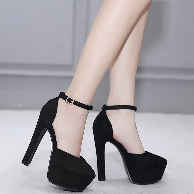 Apricot/black  round toe flock platform buckle strap Thin heel High Heel