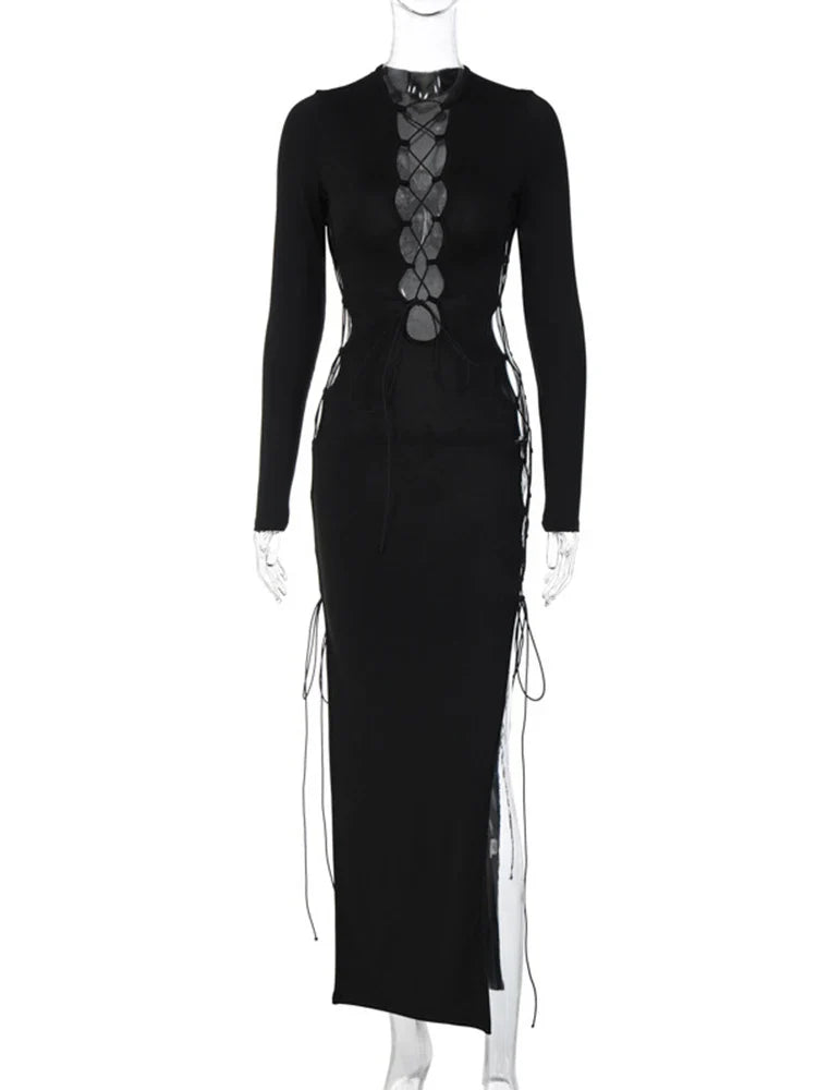 Autumn  Y2K Hollow Out O-Neck Side Slit Club Streetwear Midi Dresses