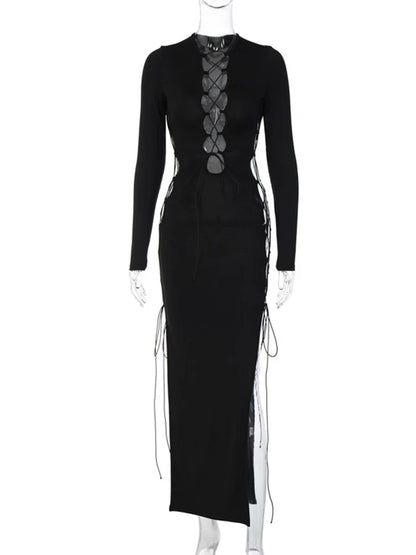 Autumn  Y2K Hollow Out O-Neck Side Slit Club Streetwear Midi Dresses