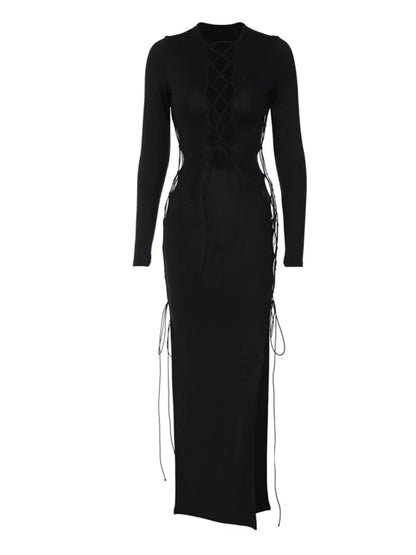 Autumn  Y2K Hollow Out O-Neck Side Slit Club Streetwear Midi Dresses