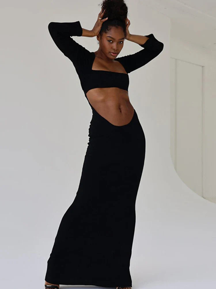 Autumn Solid Color Hollow Out  Elegant Midnight Night Hot Midi Dresses